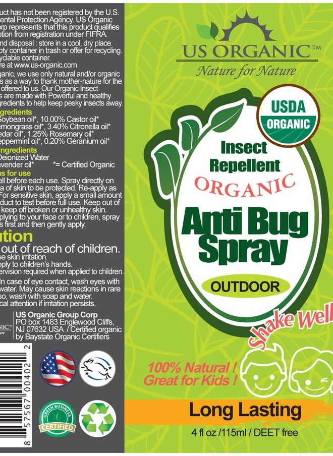 Organic Mosquito Repellent Anti Bug Outdoor Pump Sprays, 4 Ounces, Certified Organic, Proven Results by lab Testing, deet-Free