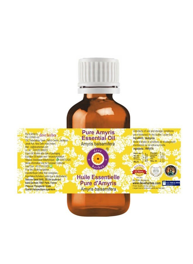 Deve Herbes Pure Amyris Essential Oil (Amyris balsamifera) Steam Distilled 10ml (0.33 oz)