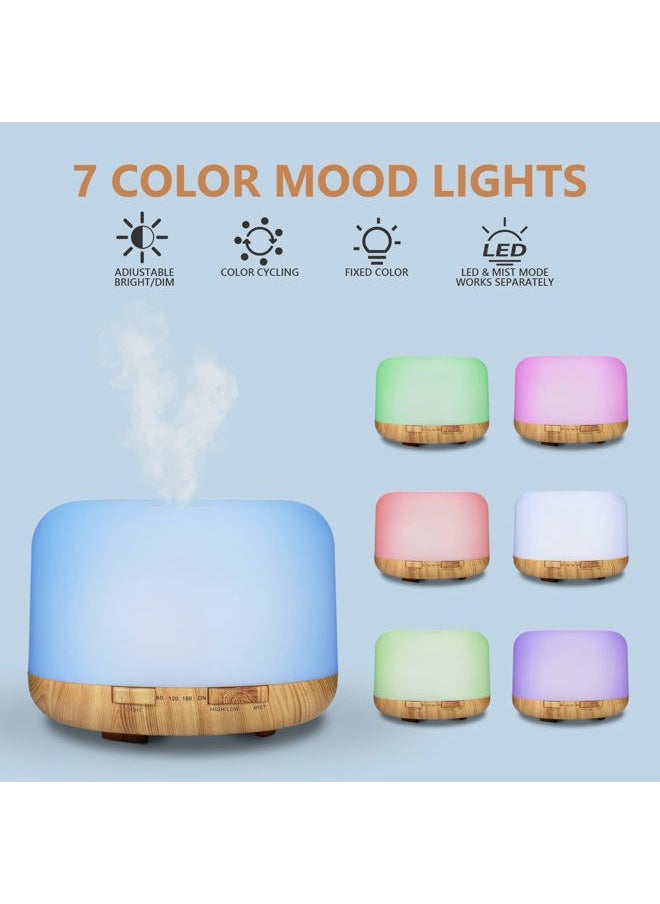 500ml Essential Oil Diffusers, Aromatherapy Diffuser with 2 Mist Mode 4 Timers＆7 Ambient Light Waterless Auto Off for Diffusers Large Room Home Office（15x5mL）