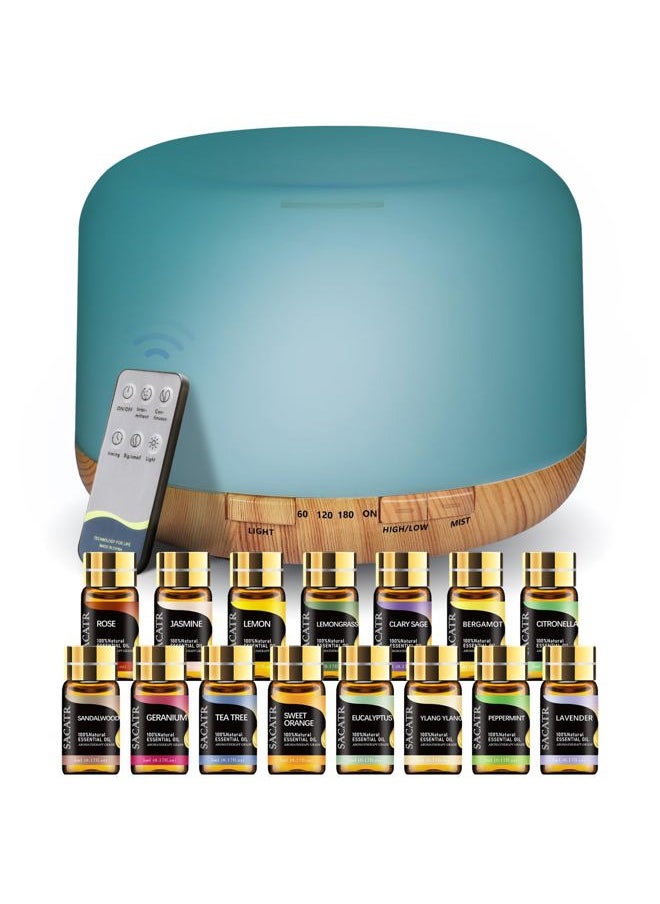 500ml Essential Oil Diffusers, Aromatherapy Diffuser with 2 Mist Mode 4 Timers＆7 Ambient Light Waterless Auto Off for Diffusers Large Room Home Office（15x5mL）