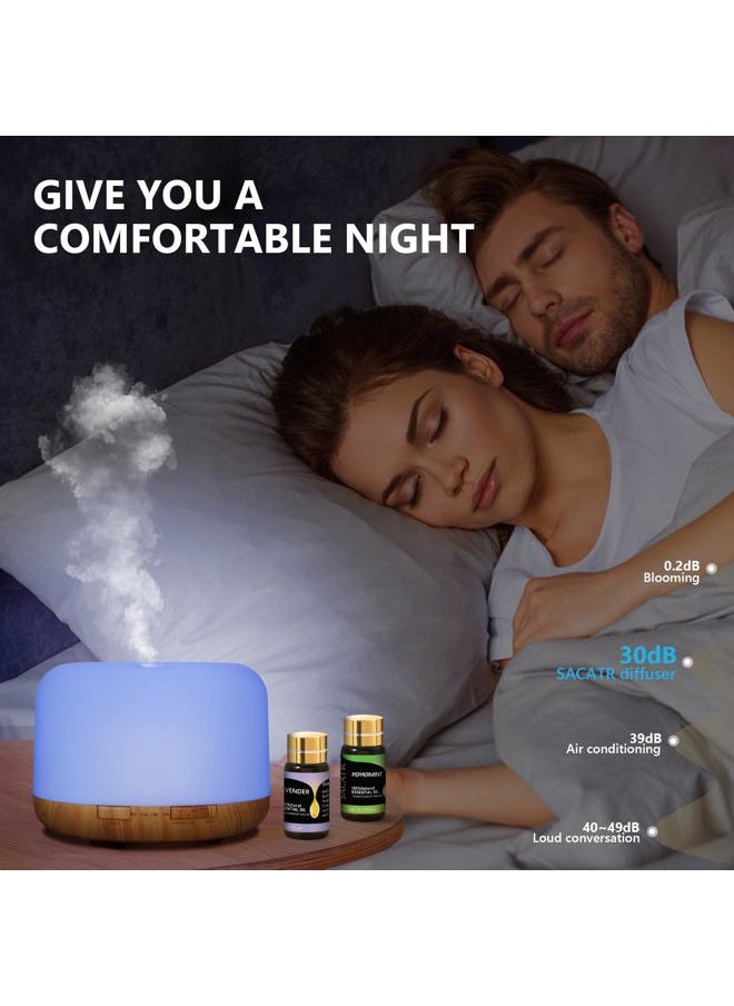 500ml Essential Oil Diffusers, Aromatherapy Diffuser with 2 Mist Mode 4 Timers＆7 Ambient Light Waterless Auto Off for Diffusers Large Room Home Office（15x5mL）