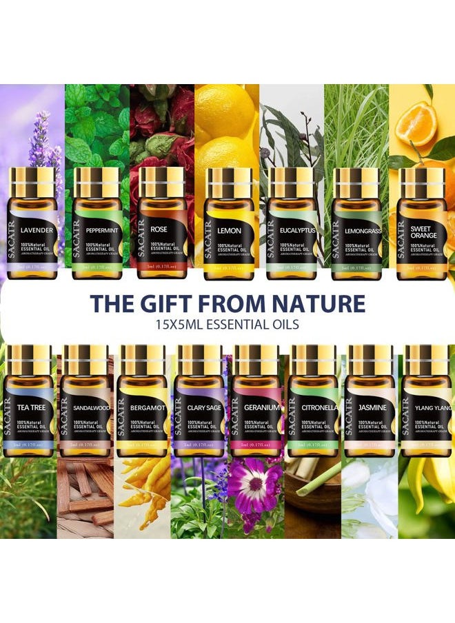 500ml Essential Oil Diffusers, Aromatherapy Diffuser with 2 Mist Mode 4 Timers＆7 Ambient Light Waterless Auto Off for Diffusers Large Room Home Office（15x5mL）