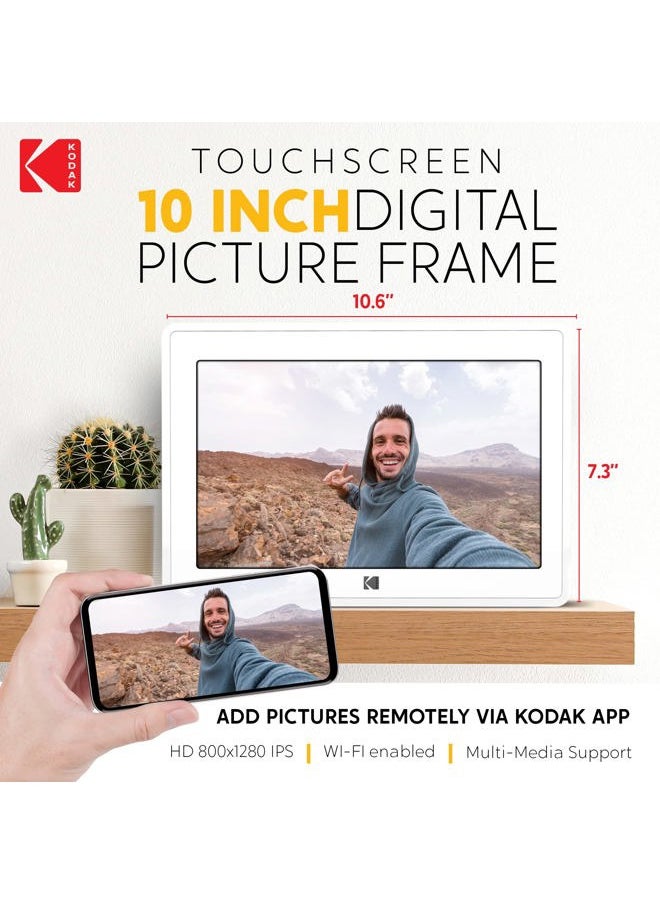 Kodak 10-Inch Touch Screen Digital Picture Frame, Wi-Fi Enabled with 16GB of Internal Memory, HD Photo Display and Music/Video Support Plus Clock, Calendar, Weather and Location Updates - Whilte