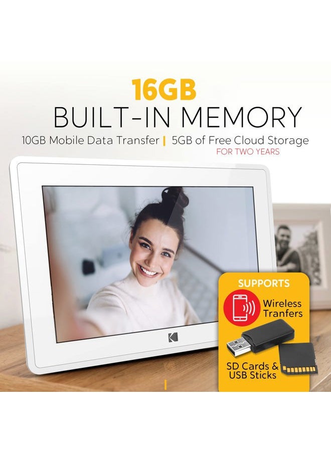 Kodak 10-Inch Touch Screen Digital Picture Frame, Wi-Fi Enabled with 16GB of Internal Memory, HD Photo Display and Music/Video Support Plus Clock, Calendar, Weather and Location Updates - Whilte
