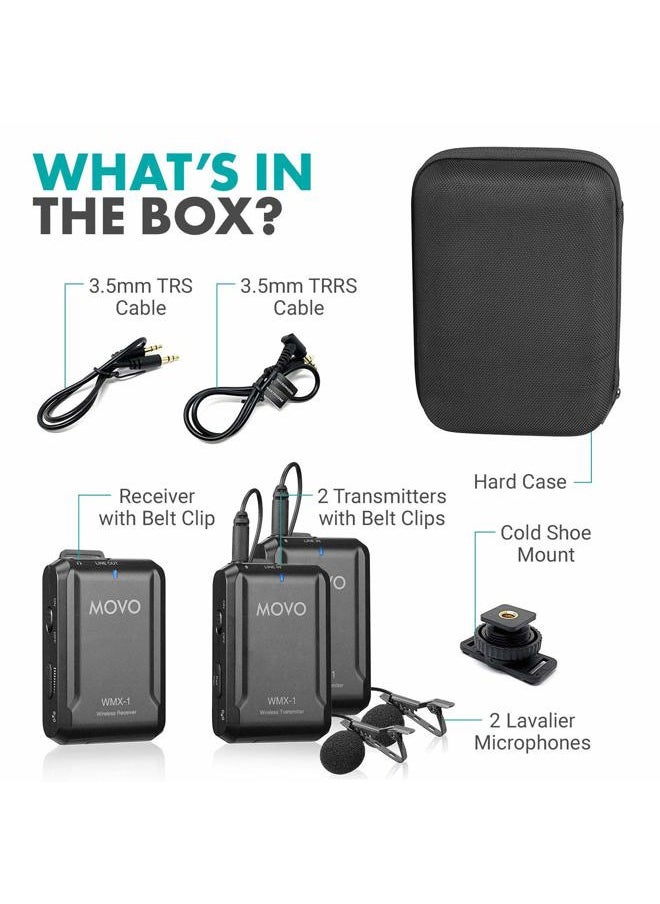 WMX-1-DUO 2.4GHz Dual Wireless Lavalier Microphone System, Compatible with DSLR Cameras, Camcorders, iPhone, Android Smartphones, and Tablets, 200ft Audio Range, Great for Teaching Tutorials
