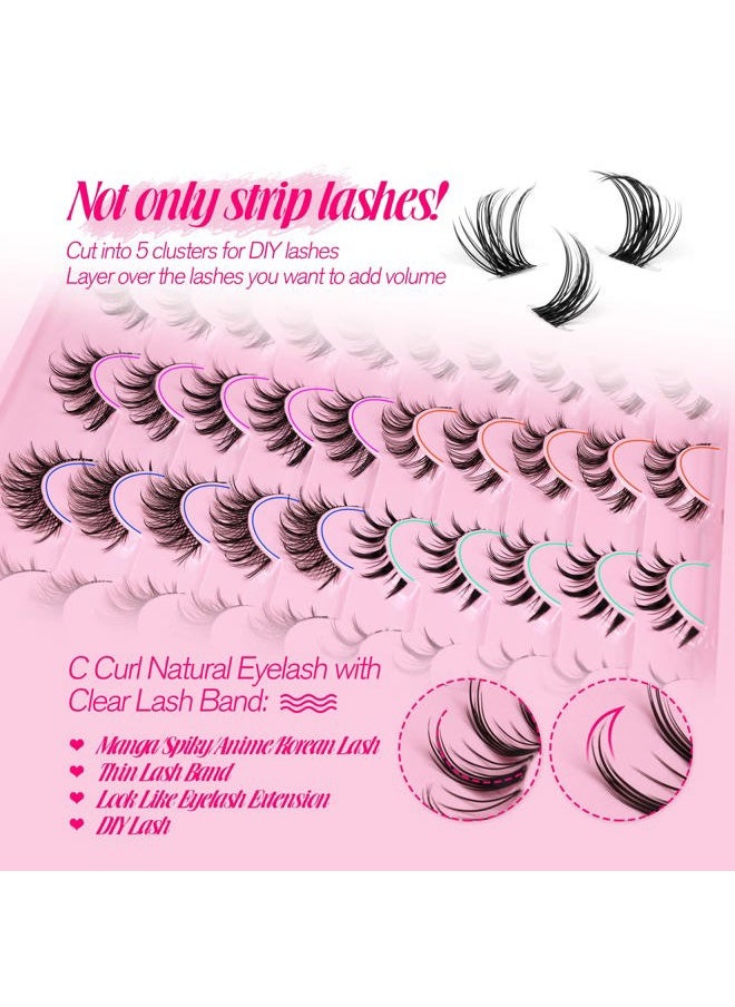 Manga Lashes Natural Look Anime False Eyelashes 20 Pairs Clear Band Individual Wispy Fake Eyelashes Strip Spiky DIY Cluster Lashes Extension C Curl Cat Eye Lashes Pack