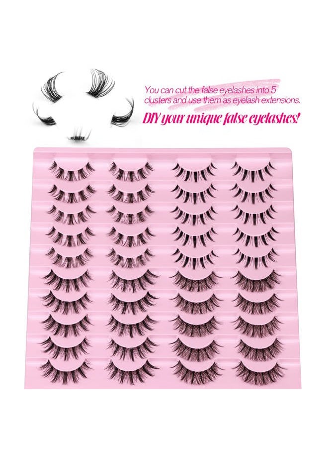 Manga Lashes Natural Look Anime False Eyelashes 20 Pairs Clear Band Individual Wispy Fake Eyelashes Strip Spiky DIY Cluster Lashes Extension C Curl Cat Eye Lashes Pack