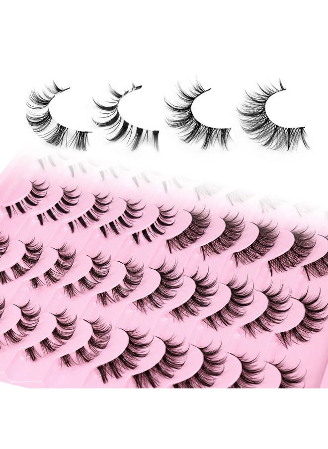 Manga Lashes Natural Look Anime False Eyelashes 20 Pairs Clear Band Individual Wispy Fake Eyelashes Strip Spiky DIY Cluster Lashes Extension C Curl Cat Eye Lashes Pack