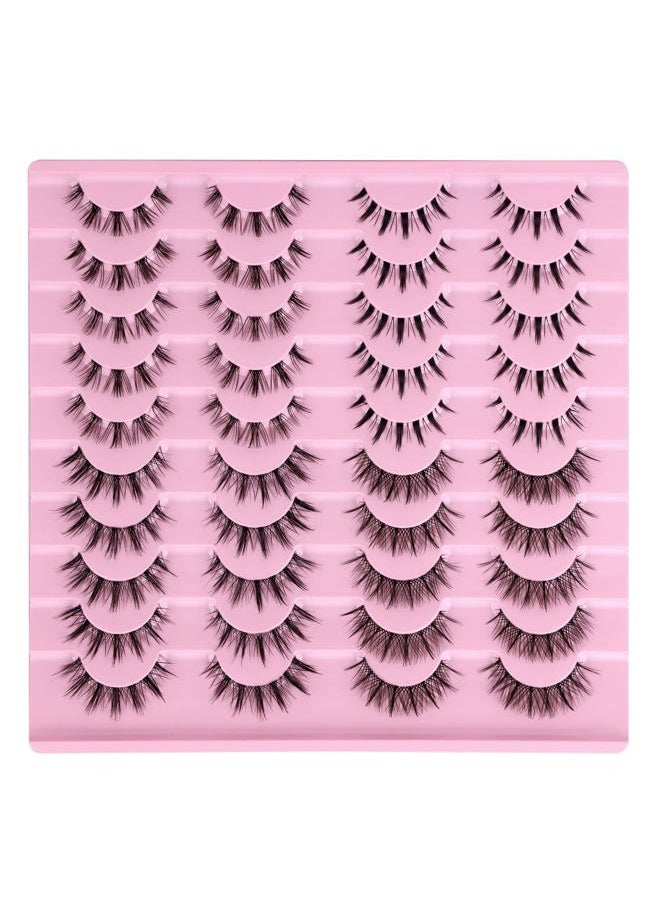 Manga Lashes Natural Look Anime False Eyelashes 20 Pairs Clear Band Individual Wispy Fake Eyelashes Strip Spiky DIY Cluster Lashes Extension C Curl Cat Eye Lashes Pack