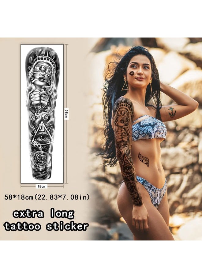 46 Sheets Full Arm Temporary Tattoo Waterproof For Men(L22.8“xW7”), Fake Tattoos for Women Lion Tiger Clock Flower Skeleton Animals Design, Hand Forearm Shoulder 3D Temporary Tattoos Stickers