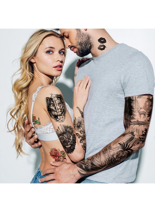 46 Sheets Full Arm Temporary Tattoo Waterproof For Men(L22.8“xW7”), Fake Tattoos for Women Lion Tiger Clock Flower Skeleton Animals Design, Hand Forearm Shoulder 3D Temporary Tattoos Stickers