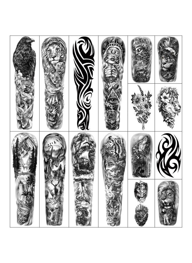 46 Sheets Full Arm Temporary Tattoo Waterproof For Men(L22.8“xW7”), Fake Tattoos for Women Lion Tiger Clock Flower Skeleton Animals Design, Hand Forearm Shoulder 3D Temporary Tattoos Stickers