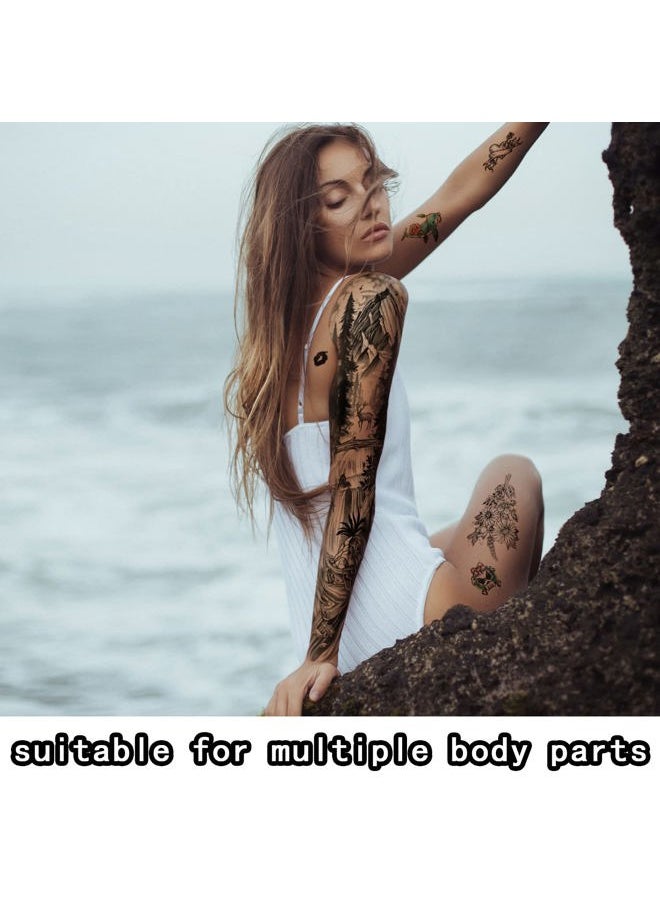 46 Sheets Full Arm Temporary Tattoo Waterproof For Men(L22.8“xW7”), Fake Tattoos for Women Lion Tiger Clock Flower Skeleton Animals Design, Hand Forearm Shoulder 3D Temporary Tattoos Stickers