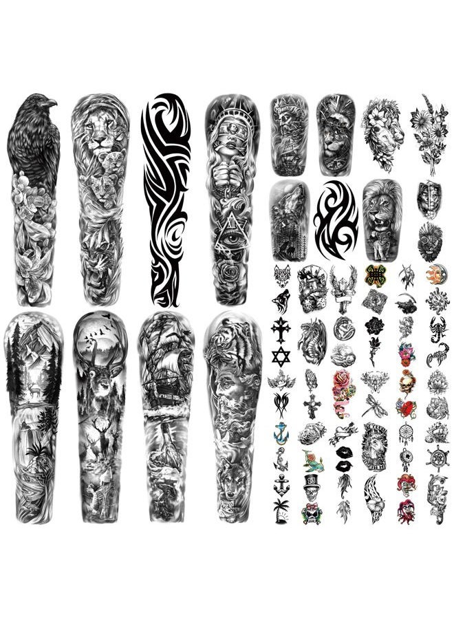 46 Sheets Full Arm Temporary Tattoo Waterproof For Men(L22.8“xW7”), Fake Tattoos for Women Lion Tiger Clock Flower Skeleton Animals Design, Hand Forearm Shoulder 3D Temporary Tattoos Stickers