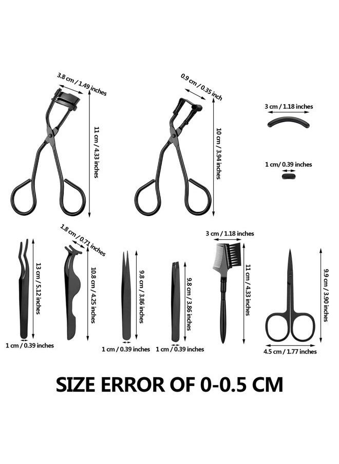 48 Pcs Eyelash Curler Makeup Tools Set, Include Mini Eyelash Curler Kit, Eyebrow Extension Tweezers, Brush Comb and Scissors, Silicone Refill Pads, Black