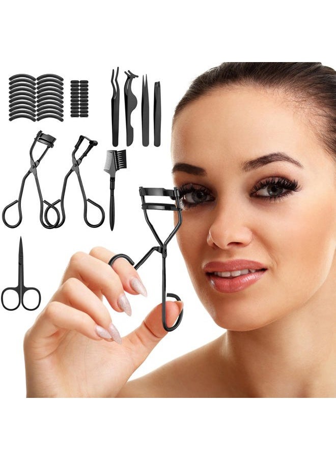 48 Pcs Eyelash Curler Makeup Tools Set, Include Mini Eyelash Curler Kit, Eyebrow Extension Tweezers, Brush Comb and Scissors, Silicone Refill Pads, Black