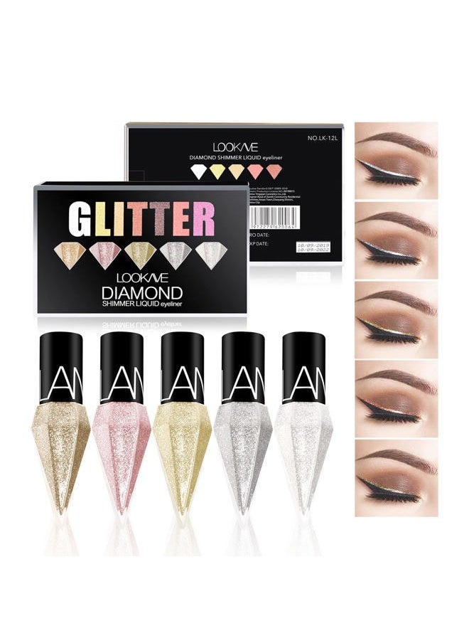 5 Colors/Pack Glitter Liquid Eyeliner Set, Metallic Shimmer Pigment Liquid Eye Liner Pen, Diamond Waterproof Long Lasting Colorful Eyeshadow Makeup Set for Women Girls
