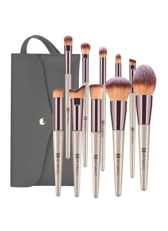 Makeup Brushes Set, HEYMKGO Portable Makeup Brush Set Professional Champagne Gold Premium Synthetic Foundation Brush Powder Concealers Eye Shadows Blush with Cosmetic Bag 10PCS Common Types