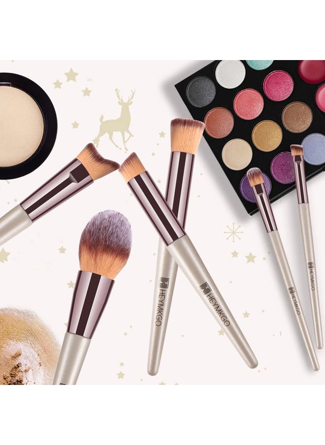 Makeup Brushes Set, HEYMKGO Portable Makeup Brush Set Professional Champagne Gold Premium Synthetic Foundation Brush Powder Concealers Eye Shadows Blush with Cosmetic Bag 10PCS Common Types