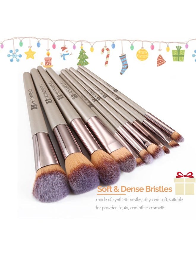 Makeup Brushes Set, HEYMKGO Portable Makeup Brush Set Professional Champagne Gold Premium Synthetic Foundation Brush Powder Concealers Eye Shadows Blush with Cosmetic Bag 10PCS Common Types