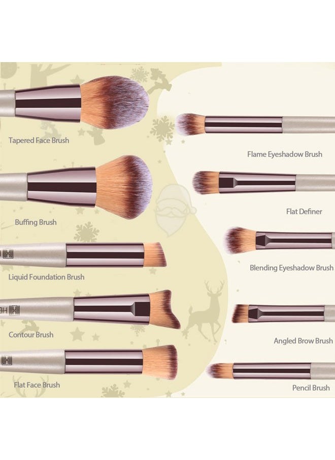 Makeup Brushes Set, HEYMKGO Portable Makeup Brush Set Professional Champagne Gold Premium Synthetic Foundation Brush Powder Concealers Eye Shadows Blush with Cosmetic Bag 10PCS Common Types