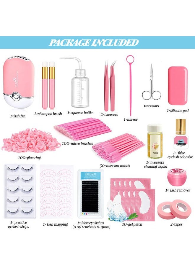 Lash Extension Kit Professional USB Eyelash Fan Individual 0.07D Curl Mix 8-15mm Extra Strong Glue Lash Glue Remover Eye Patch Silicone Pad Tapes,Perfect Tool for Beginner
