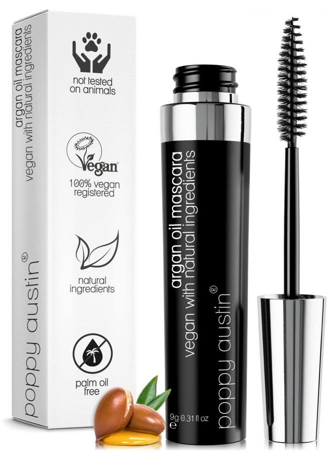 Poppy Austin Organic Mascara, Natural, Vegan, Paraben-Free, Cruelty-Free - Hypoallergenic Mascara Lengthening & Volumizing with Argan Oil - 0.31 Fl Oz (Black)