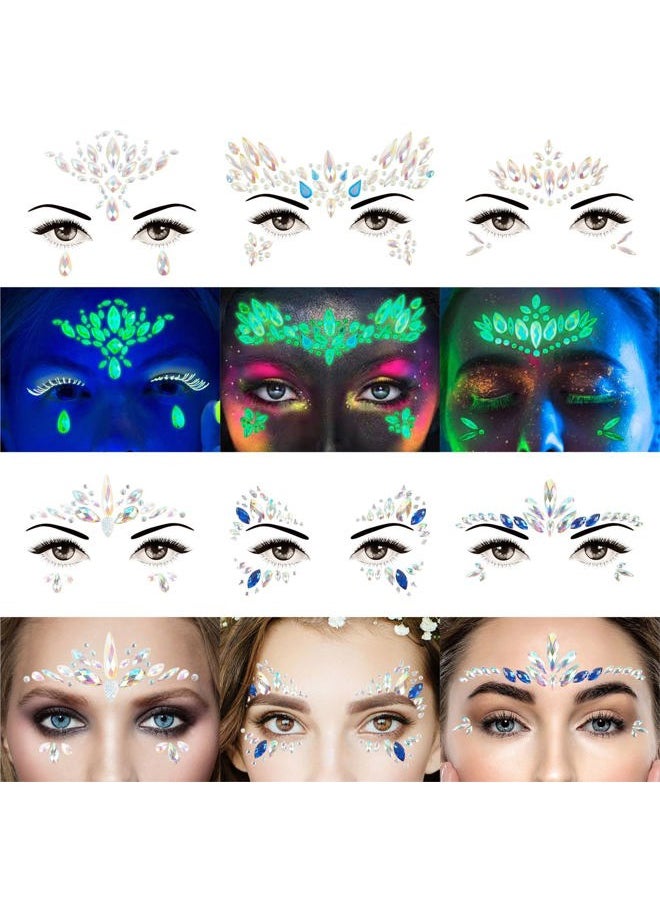 6 Sheets Face Jewels Gems Self-adhesive Rhinestone, 30g Chunky Body Eye Hair Glitter, Rave Festival Outfits Clothes Iridescent Crystals Stickers Rainbow Body Makeup Tattoo Kit(3 luminous)