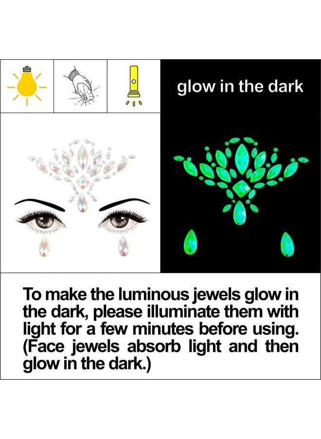 6 Sheets Face Jewels Gems Self-adhesive Rhinestone, 30g Chunky Body Eye Hair Glitter, Rave Festival Outfits Clothes Iridescent Crystals Stickers Rainbow Body Makeup Tattoo Kit(3 luminous)
