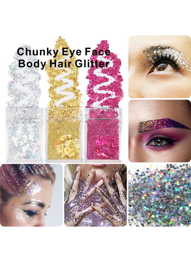 6 Sheets Face Jewels Gems Self-adhesive Rhinestone, 30g Chunky Body Eye Hair Glitter, Rave Festival Outfits Clothes Iridescent Crystals Stickers Rainbow Body Makeup Tattoo Kit(3 luminous)
