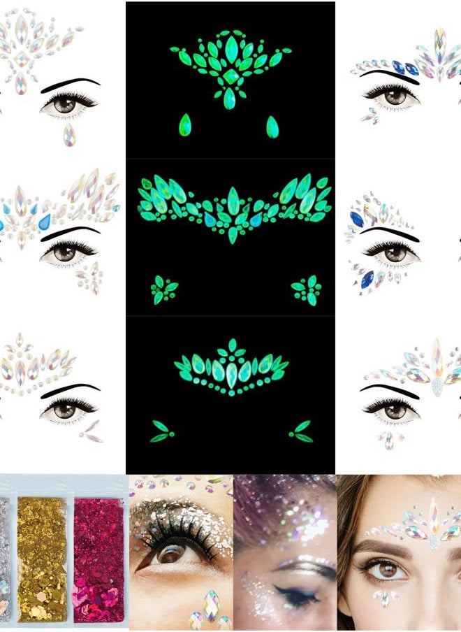 6 Sheets Face Jewels Gems Self-adhesive Rhinestone, 30g Chunky Body Eye Hair Glitter, Rave Festival Outfits Clothes Iridescent Crystals Stickers Rainbow Body Makeup Tattoo Kit(3 luminous)