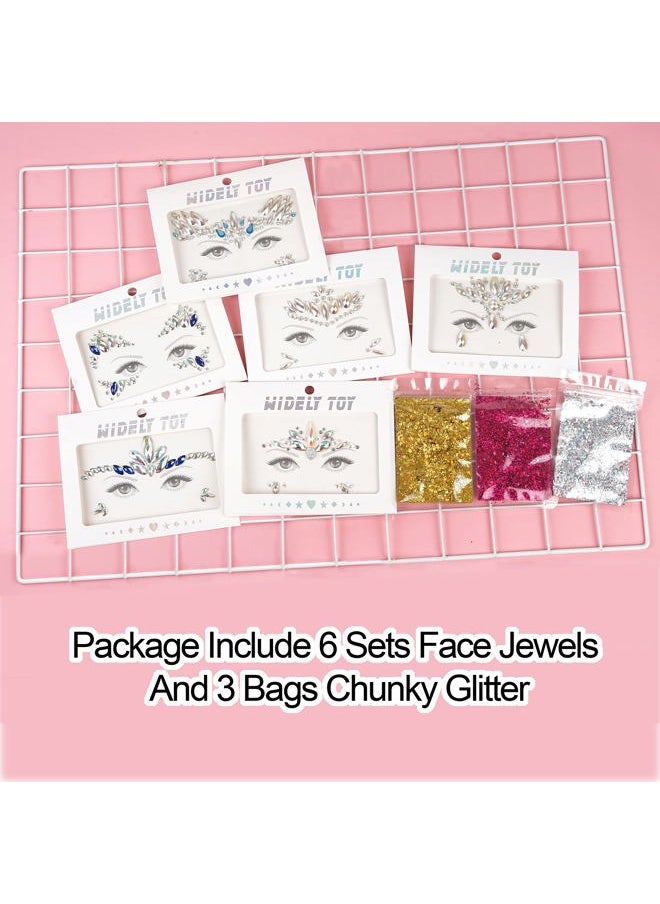 6 Sheets Face Jewels Gems Self-adhesive Rhinestone, 30g Chunky Body Eye Hair Glitter, Rave Festival Outfits Clothes Iridescent Crystals Stickers Rainbow Body Makeup Tattoo Kit(3 luminous)