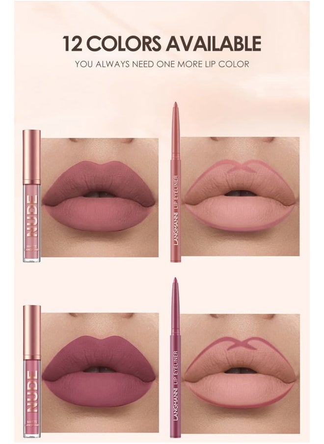 12pcs Lip Liner and Lipstick Set, 6 Velvety Matte Liquid Lipsticks + 6 Matching Smooth Lip Liner One Step Lips Long Lasting Waterproof Makeup Kits Gift Set