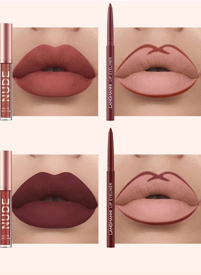 12pcs Lip Liner and Lipstick Set, 6 Velvety Matte Liquid Lipsticks + 6 Matching Smooth Lip Liner One Step Lips Long Lasting Waterproof Makeup Kits Gift Set