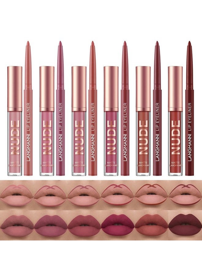 12pcs Lip Liner and Lipstick Set, 6 Velvety Matte Liquid Lipsticks + 6 Matching Smooth Lip Liner One Step Lips Long Lasting Waterproof Makeup Kits Gift Set