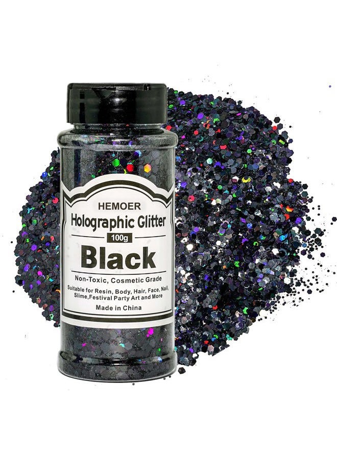Black Glitter 100g/3.5oz Holographic Chunky Sequins, Cosmetic Craft Glitters Set for Resin, Body, Hair, Face, Nail, Slime Festival Party Art and More