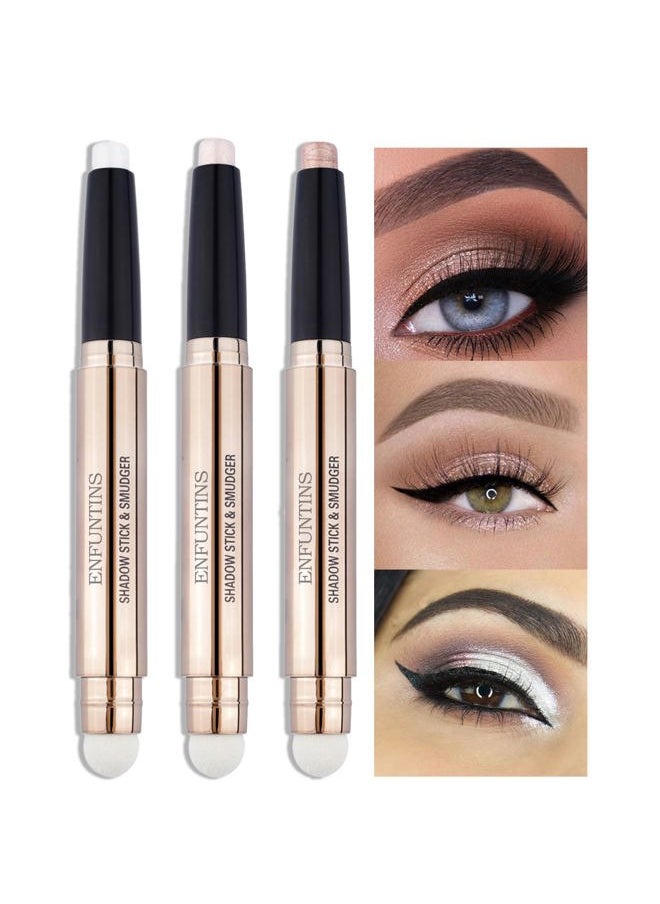 3 Pcs Eyeshadow Stick Makeup Cosmetics Eye Brightener Stick Waterproof Eyeshadow Crayon Pencil with Soft Smudger, Glitter Shimmer Eye Shadow Pen Sets for Eye Makeup (#1#2#3)