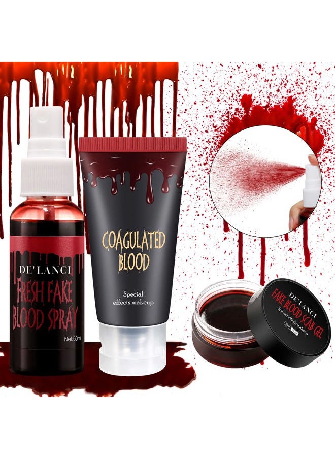 Halloween Fake Blood Makeup Kit - Edible Fake Blood Gel 1.06oz + Fake Blood Spray 1.76oz + Coagulated Blood 1.06oz, Realistic Washable Special Effects SFX Makeup Set for Zombie Vampire Monster Cosplay