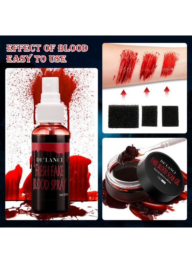 Halloween Fake Blood Makeup Kit - Edible Fake Blood Gel 1.06oz + Fake Blood Spray 1.76oz + Coagulated Blood 1.06oz, Realistic Washable Special Effects SFX Makeup Set for Zombie Vampire Monster Cosplay