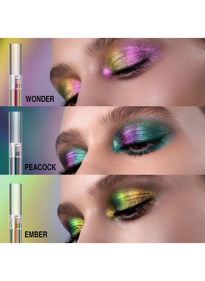 Metallic Liquid Chameleon Eyeshadow, Multi-Dimensional Eye Looks, Long-lasting Holographic Glitter Multichrome Eyeshadows Makeup (#Peacock+Wonder+Ember)