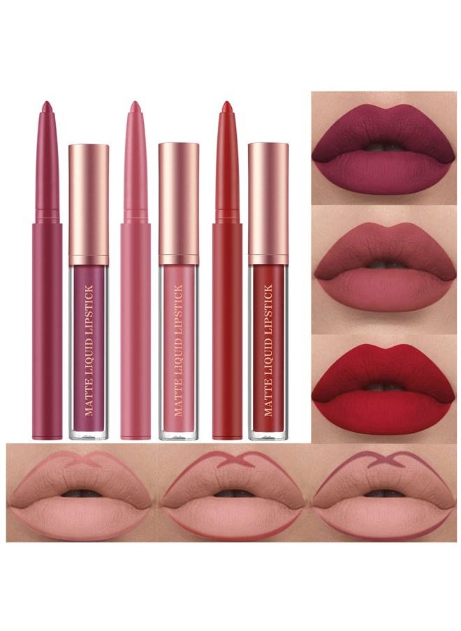 6Pcs Matte Liquid Lipstick and Lip Liner Set, Non-Stick Cup Not Fade Waterproof 24 Hour Lip Gloss Nude Brown Lip Liner Pencil for Women, labiales mate 24 horas originales (Set B)