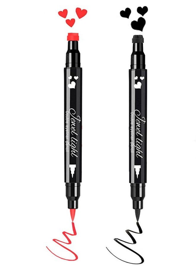 2 PCS Waterproof Liquid Eyeliner Stamps,Double-side Black&Red Smudge-proof Eye Liner,Heart Stamp Eyeliner for Harley Costume Makeup,Long-lasting Love Tattoo Tools for Valentines Day