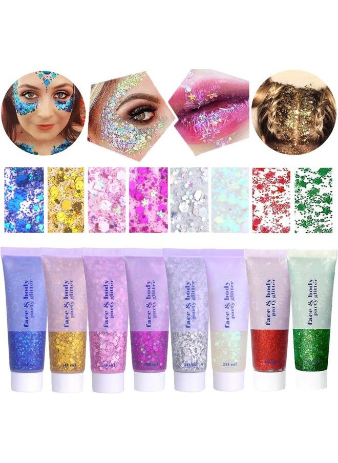Face Body Glitter Gel 14 Colors Mermaid Sequins Body Glitter Gel Chunky Holographic Glitter Liquid Body Makeup for Face Body Hair Nails (50ml, F04 Hot Pink)