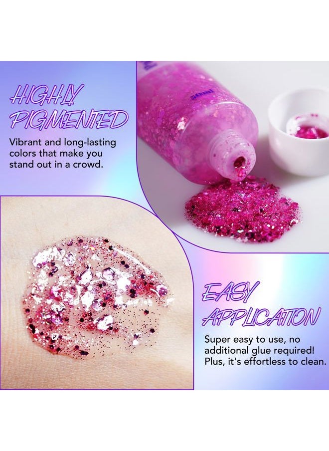 Face Body Glitter Gel 14 Colors Mermaid Sequins Body Glitter Gel Chunky Holographic Glitter Liquid Body Makeup for Face Body Hair Nails (50ml, F04 Hot Pink)