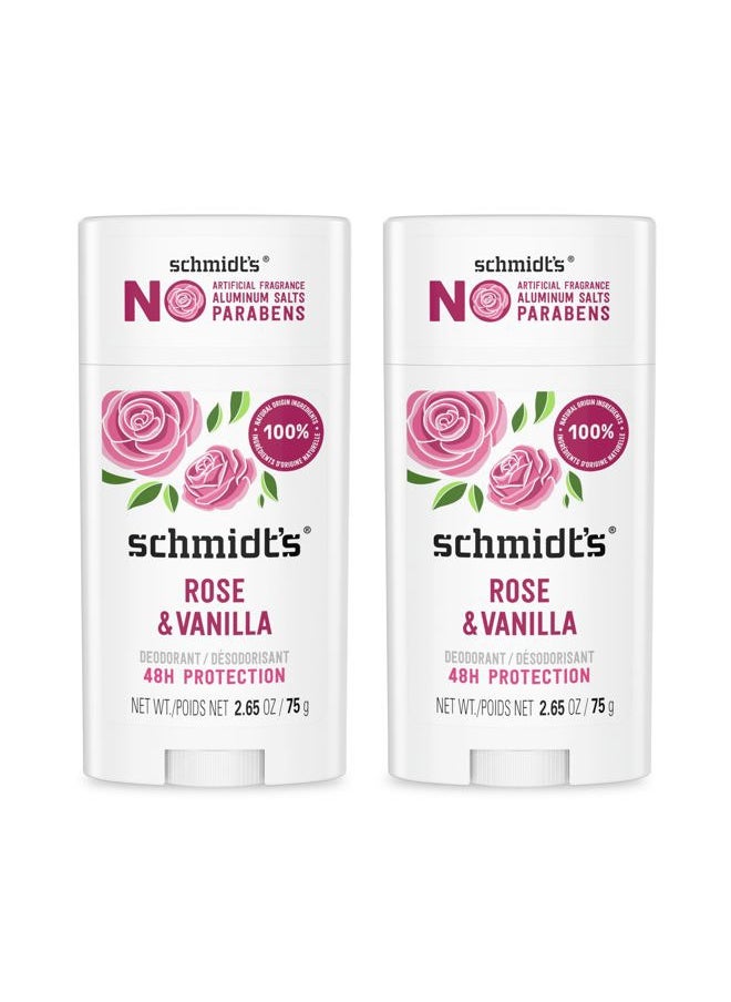 Aluminum-Free Vegan Deodorant Rose & Vanilla with 24 Hour Odor Protection 2 Count for Women and Men, Natural Ingredients, Cruelty-Free, 2.65 oz