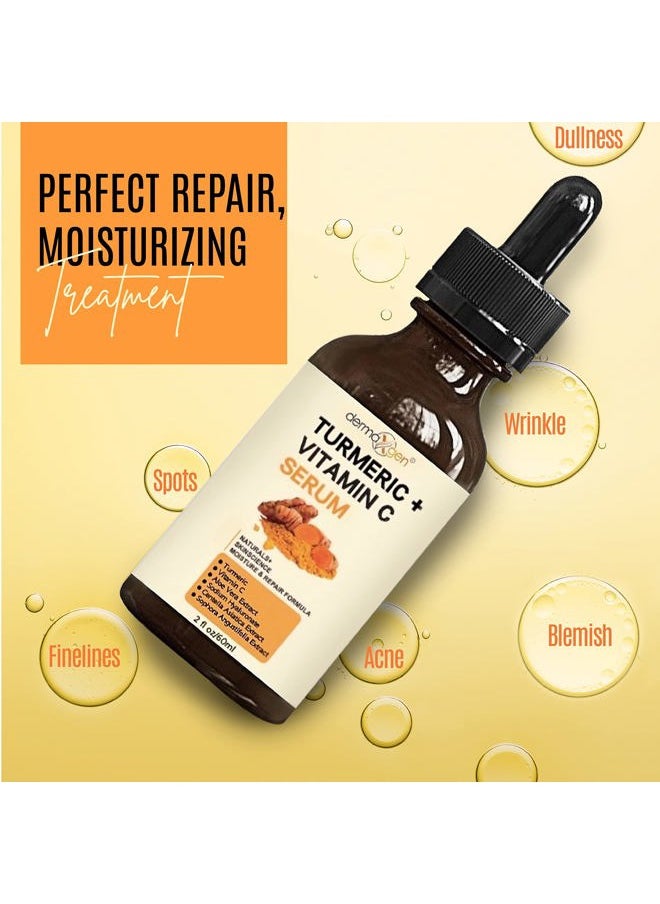 Turmeric Face Serum + Vitamin C: Organic Moisturizer for Acne Reduction, Clear Skin Tone, & Anti-Aging Benefits - Hydrate Dull & Dry Skin - Facial Serum - 2 FL OZ