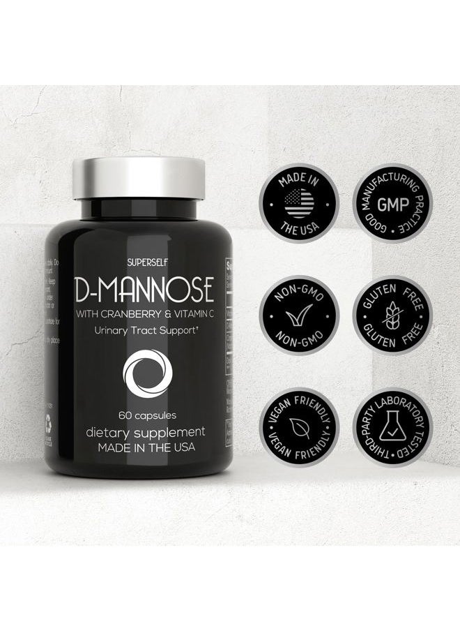 D-Mannose 1000mg Capsules - D Mannose with Cranberry Extract and Vitamin C - 60 Capsules 500mg High Strength - Urinary Tract Health for Women & Men - Vegan & Non-GMO - Fast-Acting Natural UTI Support