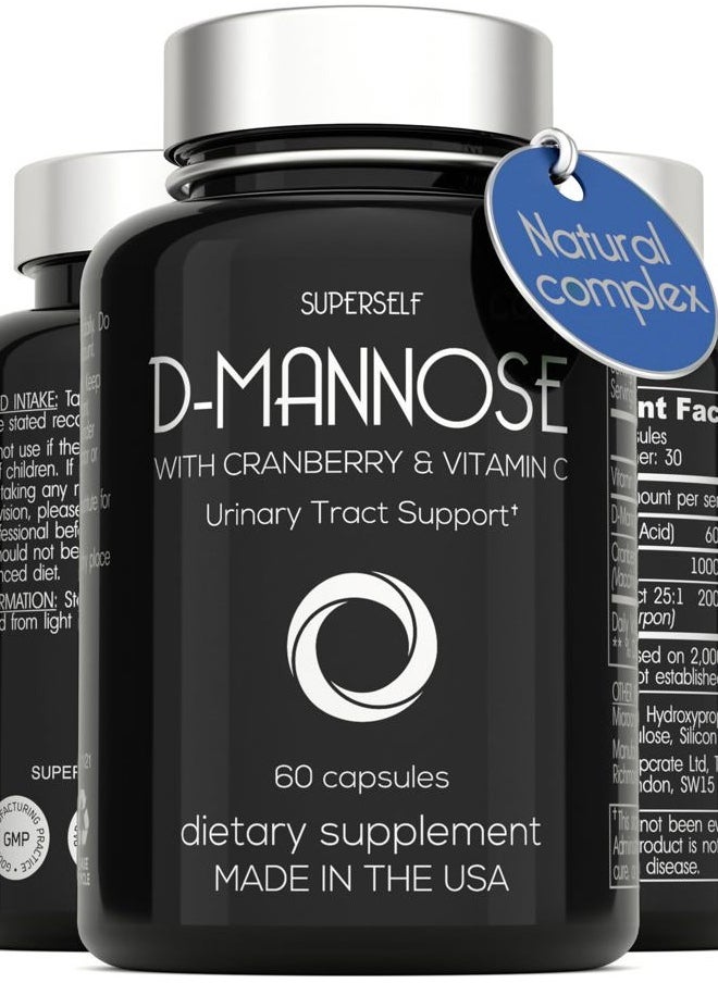 D-Mannose 1000mg Capsules - D Mannose with Cranberry Extract and Vitamin C - 60 Capsules 500mg High Strength - Urinary Tract Health for Women & Men - Vegan & Non-GMO - Fast-Acting Natural UTI Support