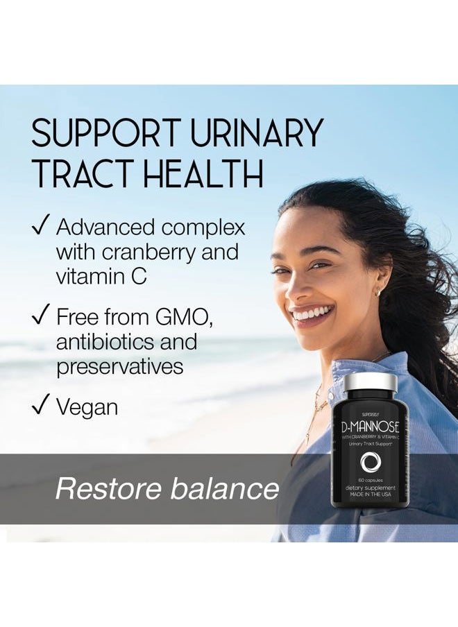 D-Mannose 1000mg Capsules - D Mannose with Cranberry Extract and Vitamin C - 60 Capsules 500mg High Strength - Urinary Tract Health for Women & Men - Vegan & Non-GMO - Fast-Acting Natural UTI Support