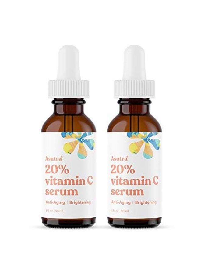 20% Vitamin C Serum, 1 fl oz (Pack of 2) - Ferulic & Hyaluronic Acid, Vitamin E, Aloe, Jojoba, Brightening Face Serum